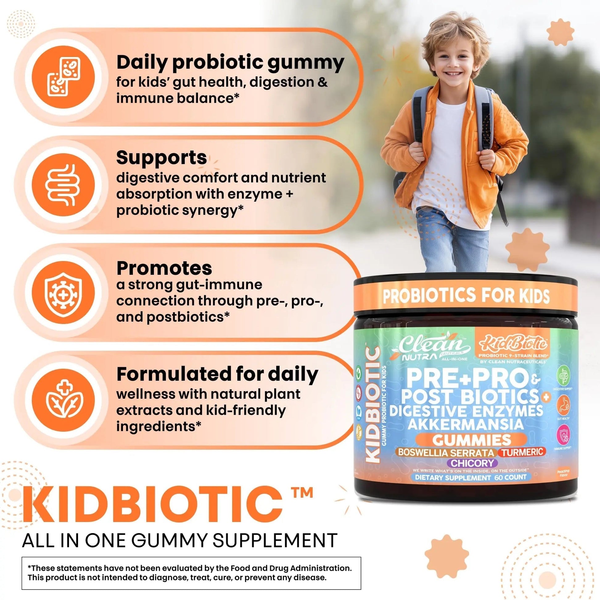Clean Nutra Kids Probiotics Gummies with Prebiotics, Postbiotics, Digestive Enzymes, Akkermansia, Boswellia Serrata, Turmeric, Chicory – 60 Count – Plant-Based Supplement for Kids – PeachPop Flavor - Maple Wellness Supplements