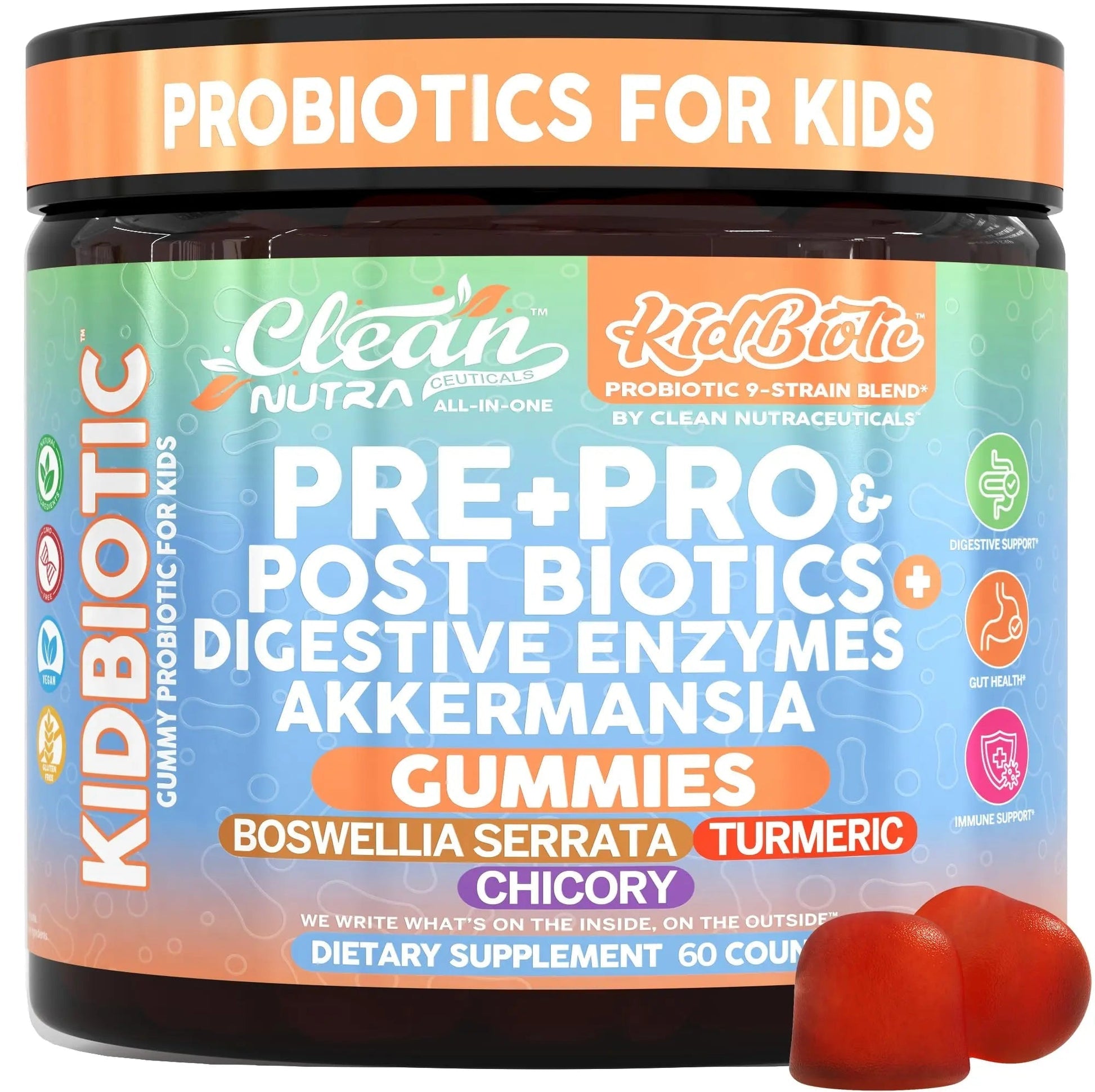 Clean Nutra Kids Probiotics Gummies with Prebiotics, Postbiotics, Digestive Enzymes, Akkermansia, Boswellia Serrata, Turmeric, Chicory – 60 Count – Plant-Based Supplement for Kids – PeachPop Flavor - Maple Wellness Supplements