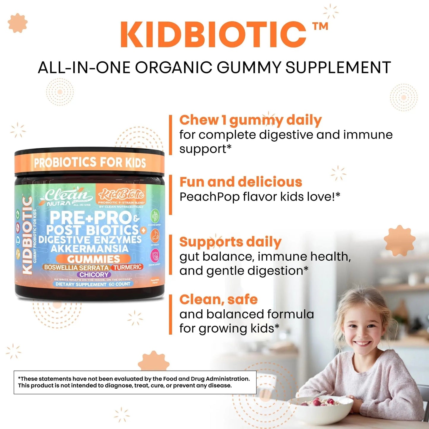 Clean Nutra Kids Probiotics Gummies with Prebiotics, Postbiotics, Digestive Enzymes, Akkermansia, Boswellia Serrata, Turmeric, Chicory – 60 Count – Plant-Based Supplement for Kids – PeachPop Flavor - Maple Wellness Supplements