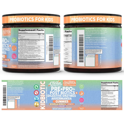 Clean Nutra Kids Probiotics Gummies with Prebiotics, Postbiotics, Digestive Enzymes, Akkermansia, Boswellia Serrata, Turmeric, Chicory – 60 Count – Plant-Based Supplement for Kids – PeachPop Flavor - Maple Wellness Supplements
