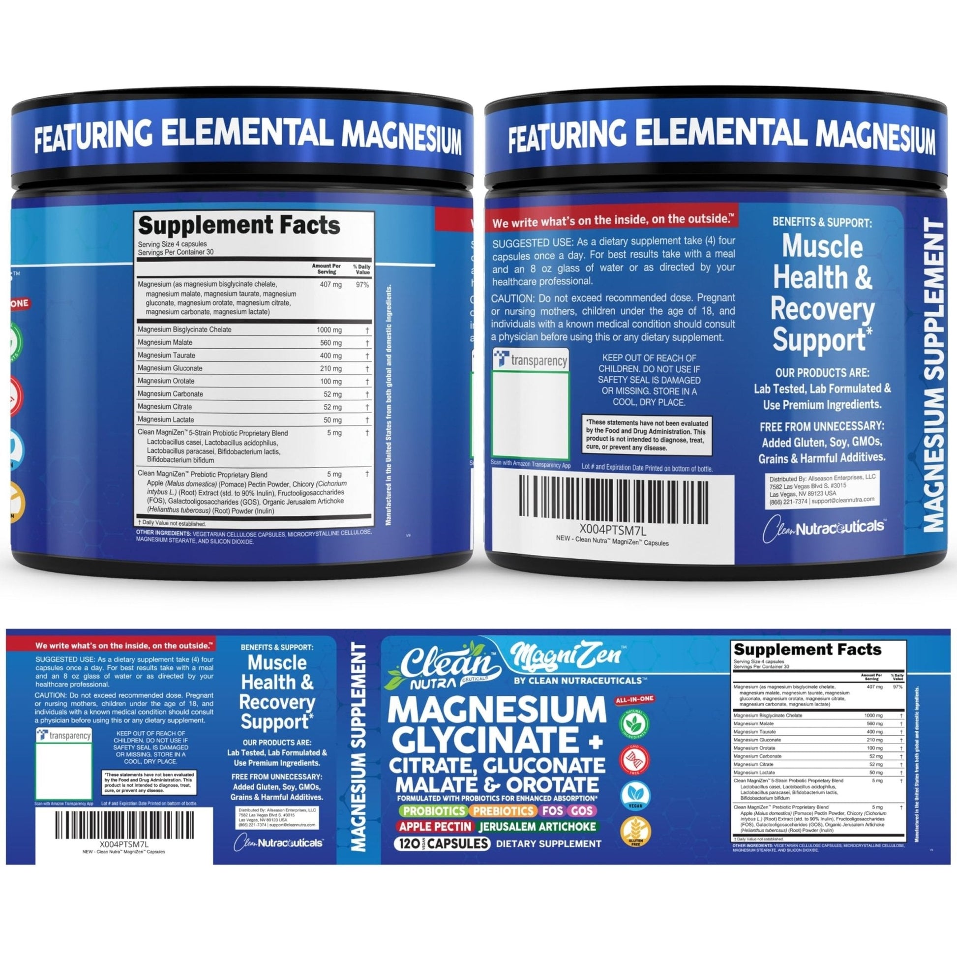 Clean Nutra Magnesium Glycinate Citrate Malate Orotate Taurate Supplement Complex + 10 Strain Probiotic Prebiotics FOS GOS Inulin Sleep Calm Support Apple Pectin – 120 Vegan Capsules - Maple Wellness Supplements