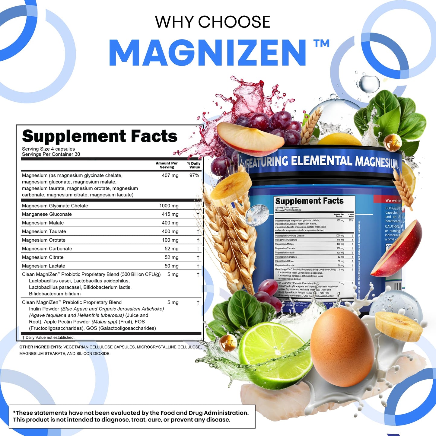 Clean Nutra Magnesium Glycinate Citrate Malate Orotate Taurate Supplement Complex + 10 Strain Probiotic Prebiotics FOS GOS Inulin Sleep Calm Support Apple Pectin – 120 Vegan Capsules - Maple Wellness Supplements