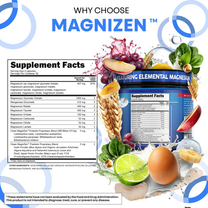 Clean Nutra Magnesium Glycinate Citrate Malate Orotate Taurate Supplement Complex + 10 Strain Probiotic Prebiotics FOS GOS Inulin Sleep Calm Support Apple Pectin – 120 Vegan Capsules - Maple Wellness Supplements