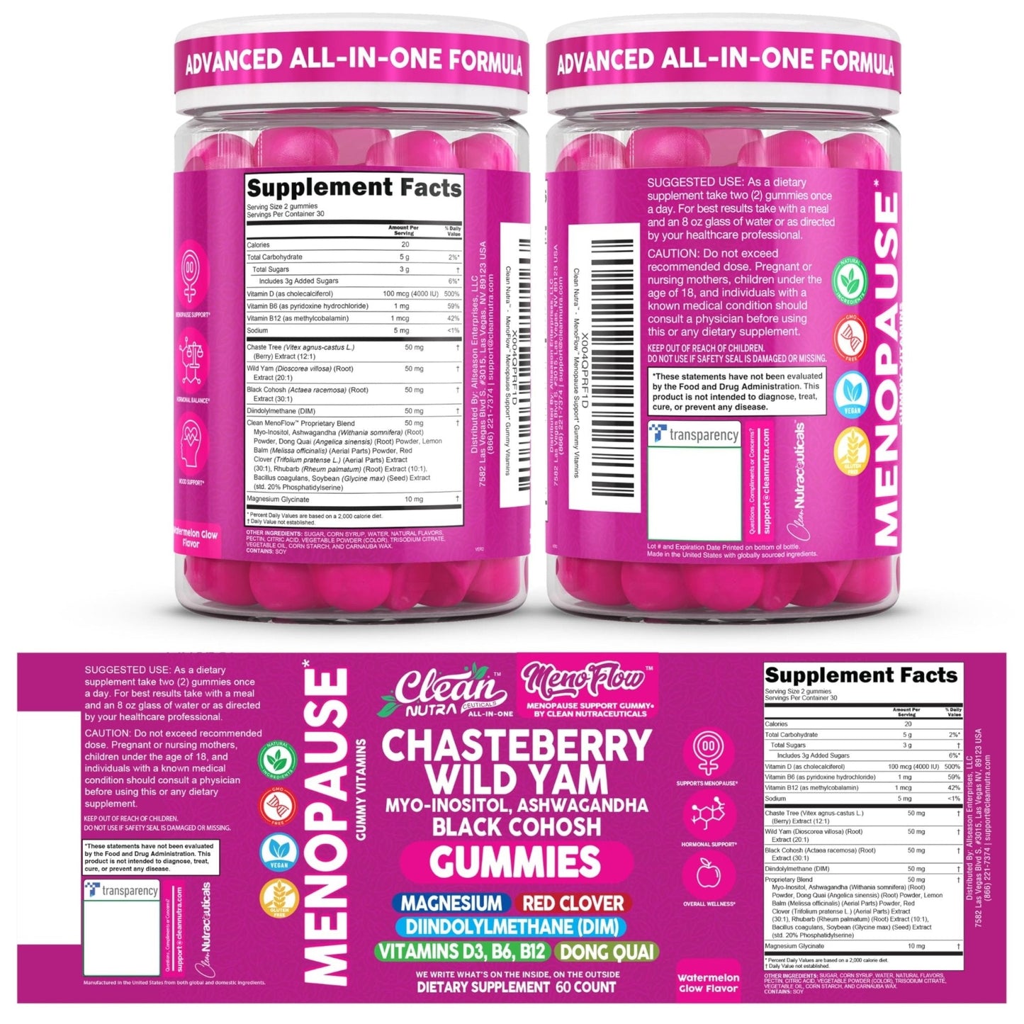 Clean Nutra Menopause Supplements for Women Chastberry Wild Yam Gummies Inositol Black Cohosh Magnesium Red Clover DIM Supplement B6 Magnesium Glycinate Glycine Vitex Hormone Balance Gummy Vitamins - Maple Wellness Supplements
