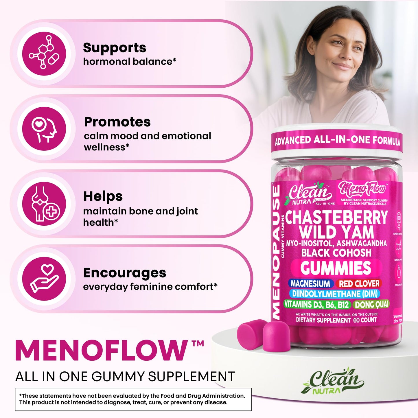Clean Nutra Menopause Supplements for Women Chastberry Wild Yam Gummies Inositol Black Cohosh Magnesium Red Clover DIM Supplement B6 Magnesium Glycinate Glycine Vitex Hormone Balance Gummy Vitamins - Maple Wellness Supplements