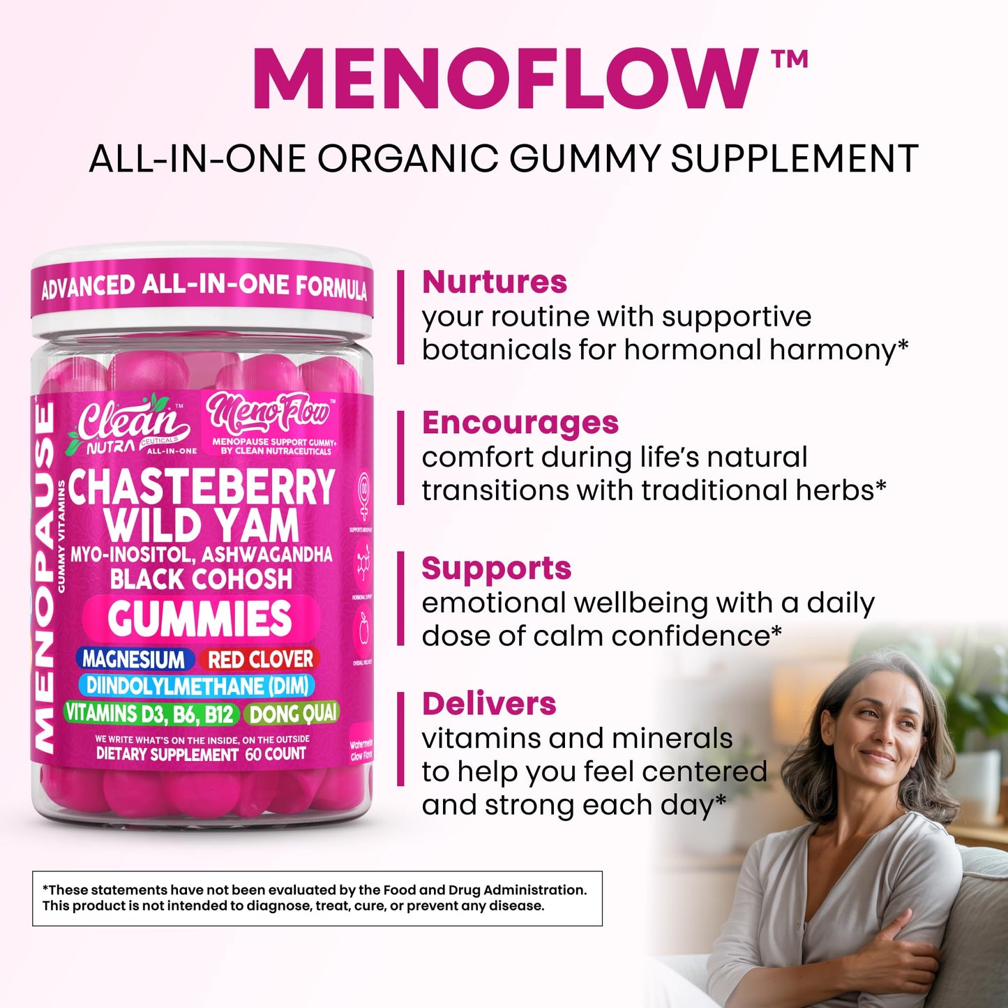 Clean Nutra Menopause Supplements for Women Chastberry Wild Yam Gummies Inositol Black Cohosh Magnesium Red Clover DIM Supplement B6 Magnesium Glycinate Glycine Vitex Hormone Balance Gummy Vitamins - Maple Wellness Supplements