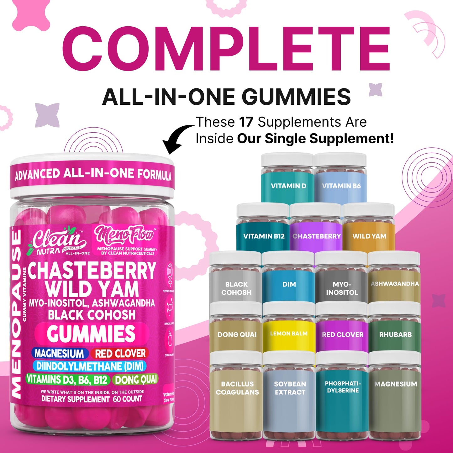 Clean Nutra Menopause Supplements for Women Chastberry Wild Yam Gummies Inositol Black Cohosh Magnesium Red Clover DIM Supplement B6 Magnesium Glycinate Glycine Vitex Hormone Balance Gummy Vitamins - Maple Wellness Supplements