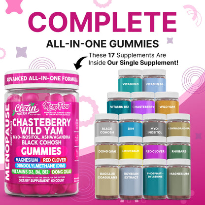 Clean Nutra Menopause Supplements for Women Chastberry Wild Yam Gummies Inositol Black Cohosh Magnesium Red Clover DIM Supplement B6 Magnesium Glycinate Glycine Vitex Hormone Balance Gummy Vitamins - Maple Wellness Supplements