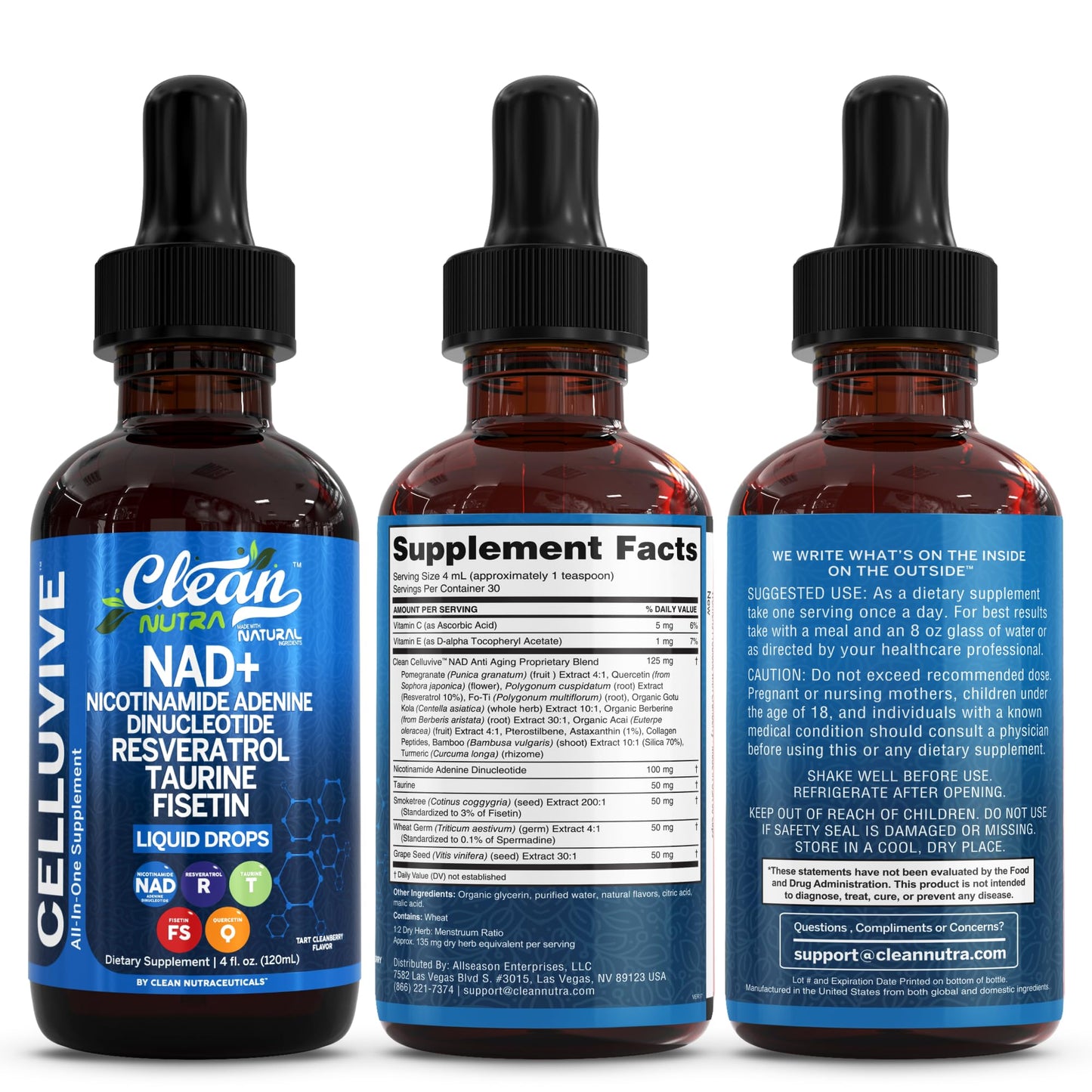 Clean Nutra NAD Liquid Supplement Drops Resveratrol Polyphenols Liposomal Taurine Fisetin Grape Seed Extract Japanese Knotweed Fo Ti Anti Aging NAD+ Nicotinamide Adenine Dinucleotide for Women & Men - Maple Wellness Supplements