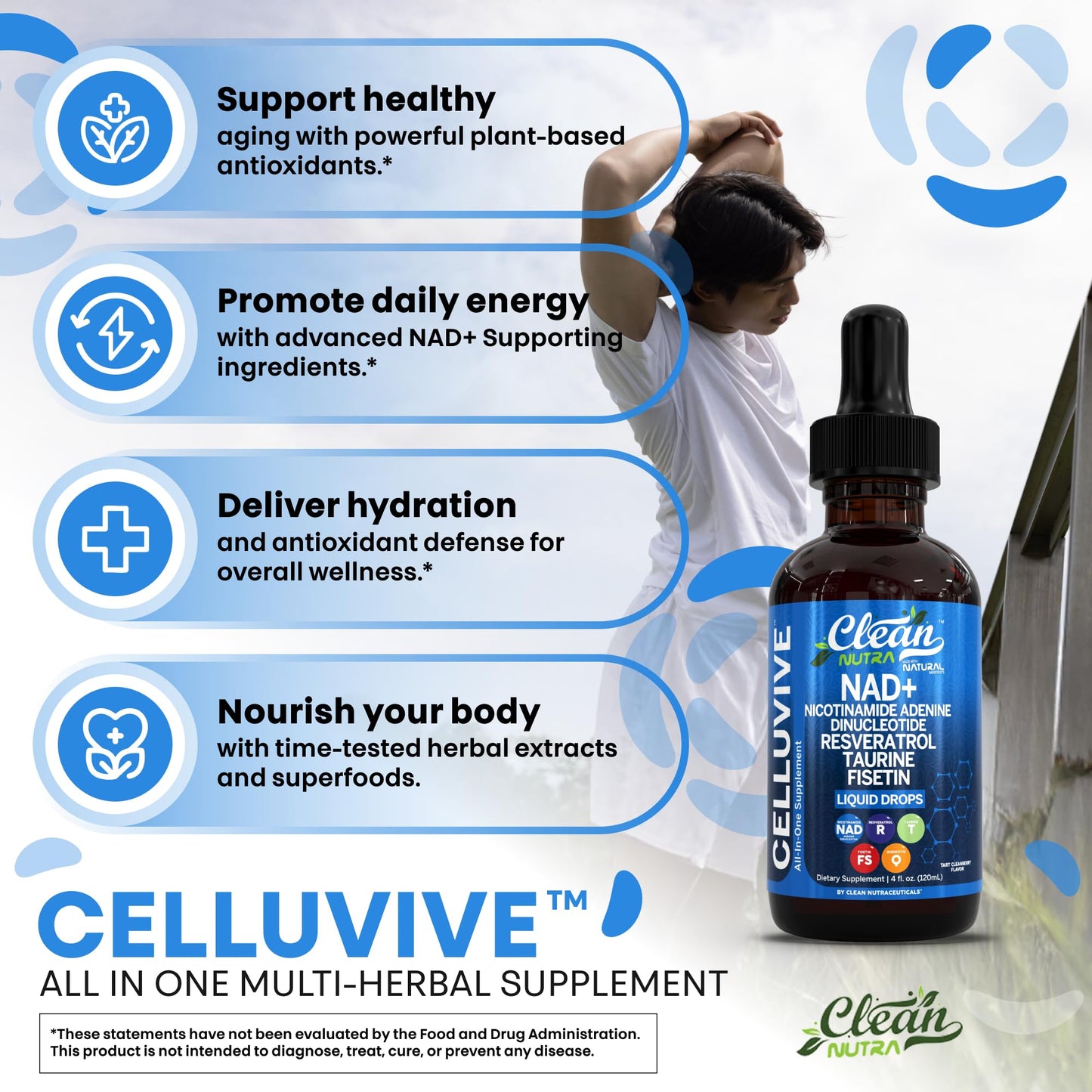 Clean Nutra NAD Liquid Supplement Drops Resveratrol Polyphenols Liposomal Taurine Fisetin Grape Seed Extract Japanese Knotweed Fo Ti Anti Aging NAD+ Nicotinamide Adenine Dinucleotide for Women & Men - Maple Wellness Supplements
