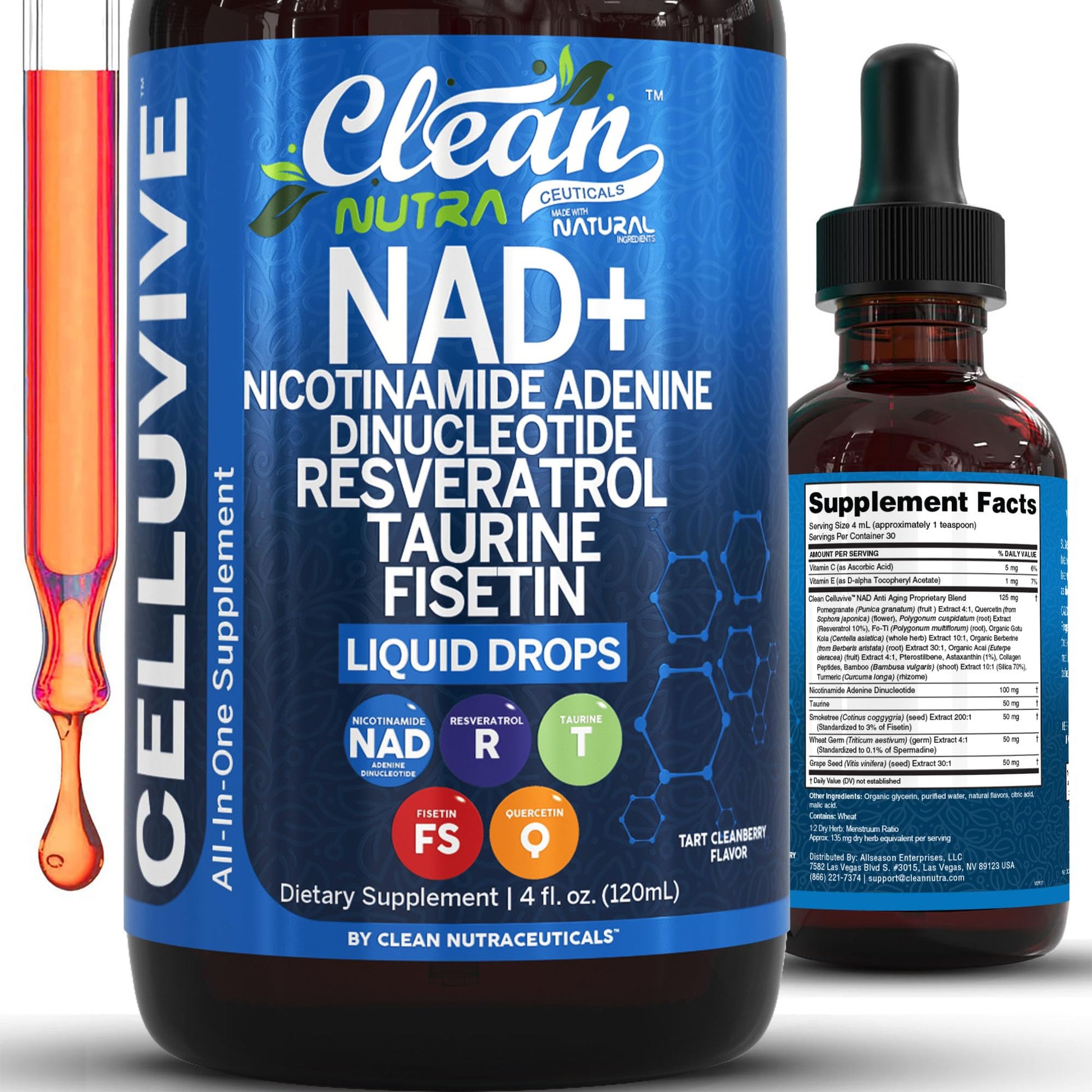 Clean Nutra NAD Liquid Supplement Drops Resveratrol Polyphenols Liposomal Taurine Fisetin Grape Seed Extract Japanese Knotweed Fo Ti Anti Aging NAD+ Nicotinamide Adenine Dinucleotide for Women & Men - Maple Wellness Supplements