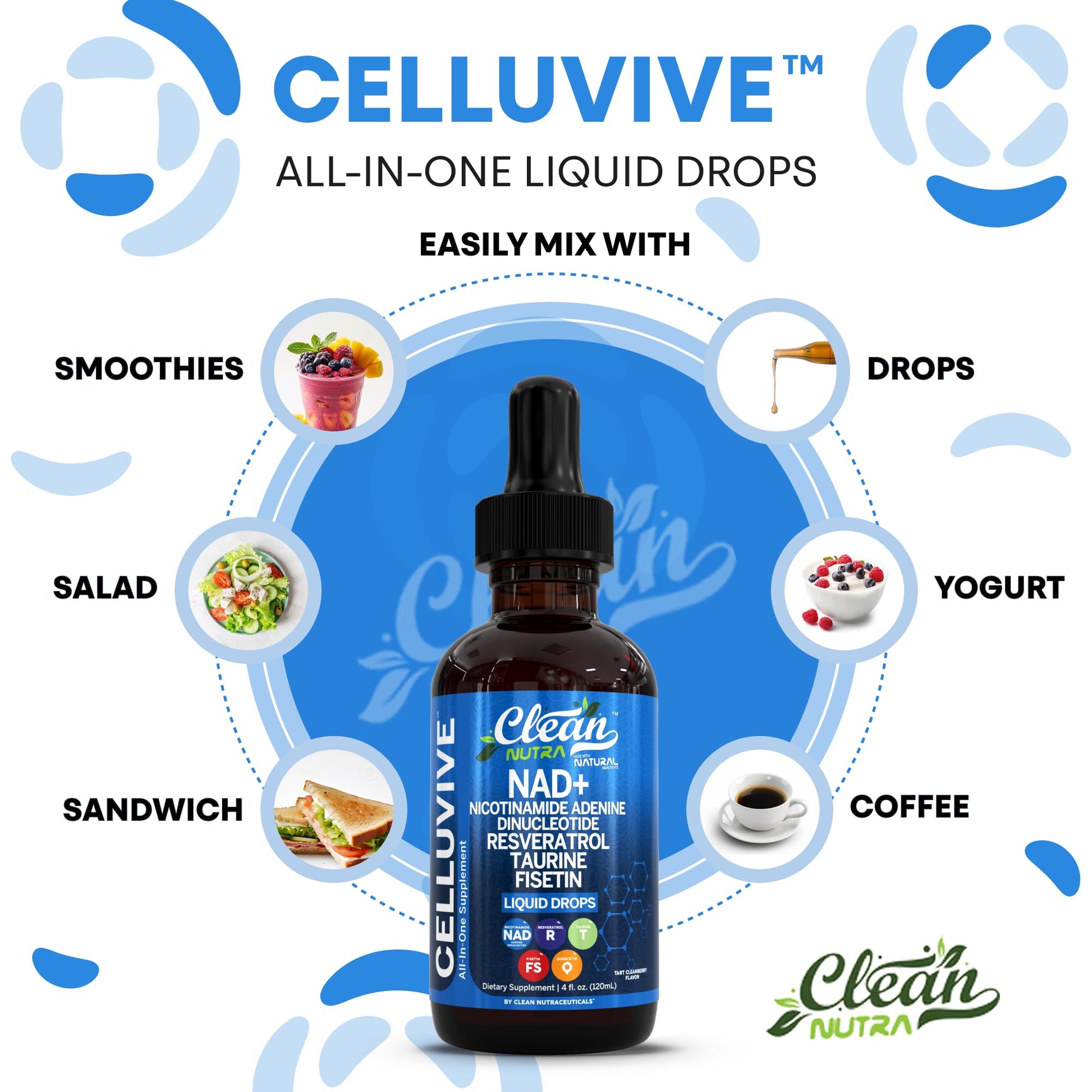 Clean Nutra NAD Liquid Supplement Drops Resveratrol Polyphenols Liposomal Taurine Fisetin Grape Seed Extract Japanese Knotweed Fo Ti Anti Aging NAD+ Nicotinamide Adenine Dinucleotide for Women & Men - Maple Wellness Supplements