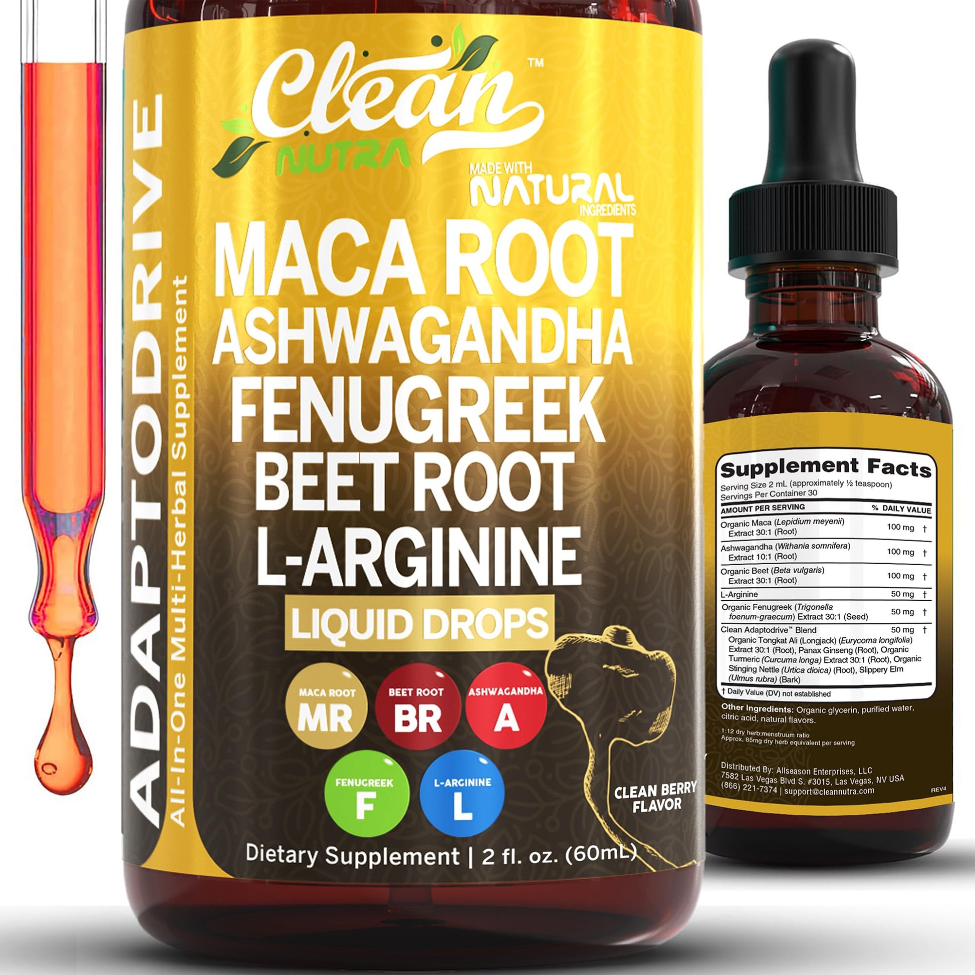 Clean Nutra Organic Maca Root Liquid Drops with Ashwagandha, Fenugreek, Beet Root and L-Arginine Liquid Multivitamin - Maple Wellness Supplements