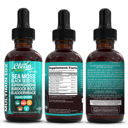 Clean Nutra Organic Sea Moss Drops Supplement | Black Seed Oil Irish Seamoss Ashwagandha Burdock Root & Bladderwrack - Multimineral Liquid Vegan - Maple Wellness Supplements