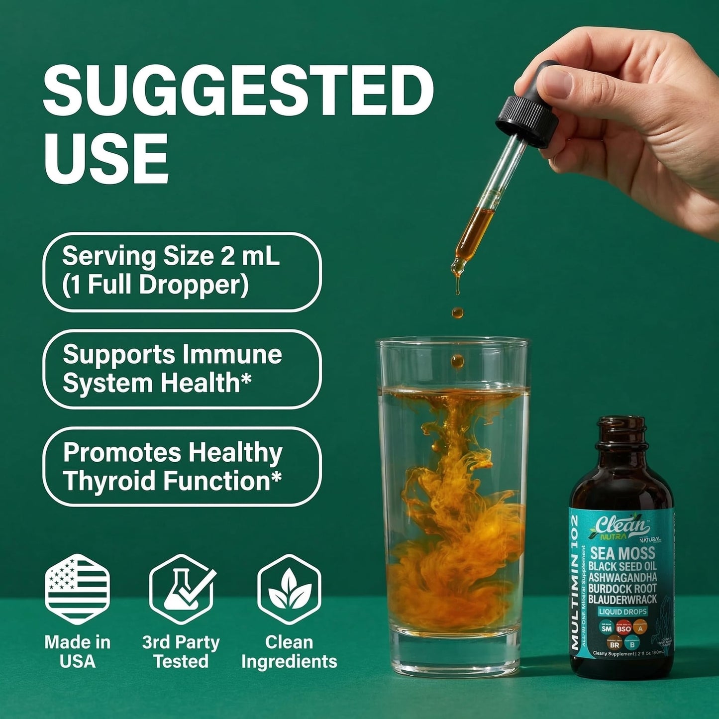 Clean Nutra Organic Sea Moss Drops Supplement | Black Seed Oil Irish Seamoss Ashwagandha Burdock Root & Bladderwrack - Multimineral Liquid Vegan - Maple Wellness Supplements