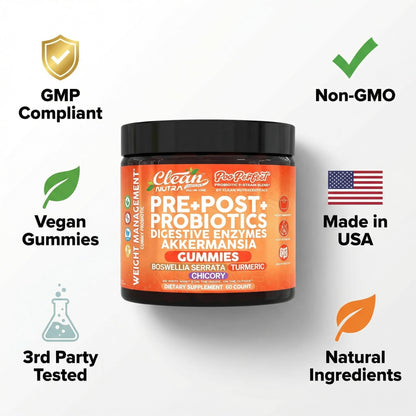 Clean Nutra Prebiotic Postbiotic Digestive Enzymes Gummies with Chicory Root, Boswellia Serrata, Turmeric, and Akkermansia | Pre+Post Probiotics Supplement - Maple Wellness Supplements