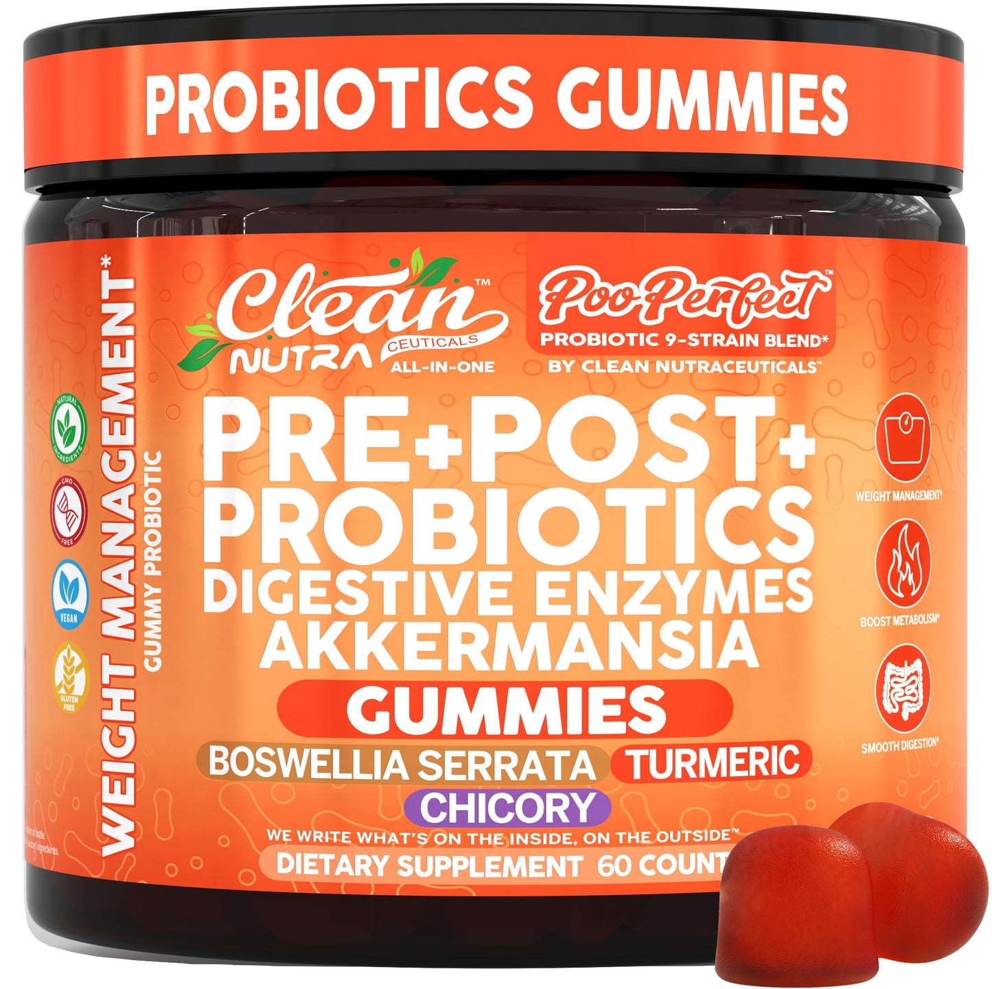 Clean Nutra Prebiotic Postbiotic Digestive Enzymes Gummies with Chicory Root, Boswellia Serrata, Turmeric, and Akkermansia | Pre+Post Probiotics Supplement - Maple Wellness Supplements