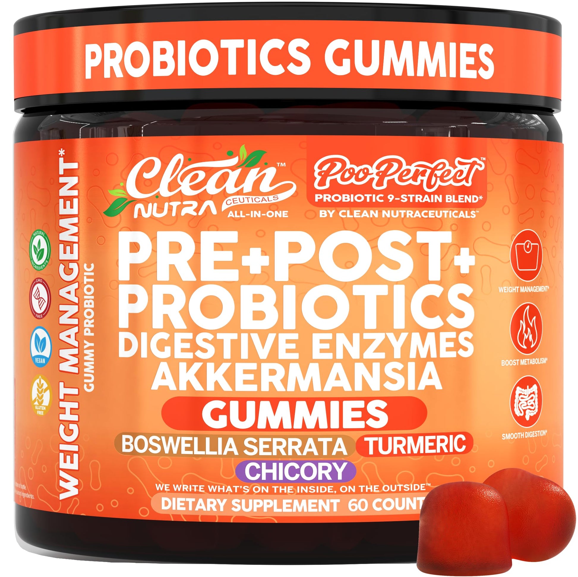 Clean Nutra Prebiotic Postbiotic Digestive Enzymes Gummies with Chicory Root, Boswellia Serrata, Turmeric, and Akkermansia | Pre+Post Probiotics Supplement - Maple Wellness Supplements
