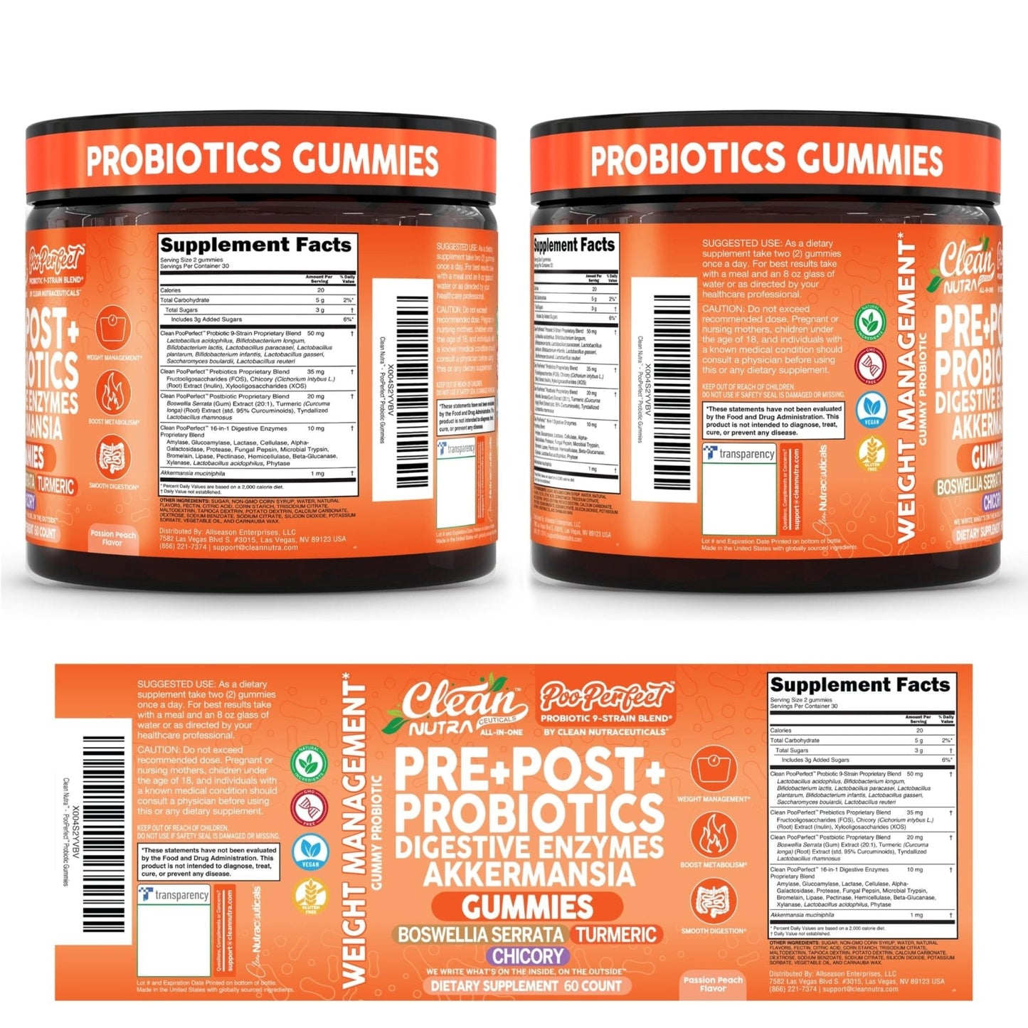Clean Nutra Prebiotic Postbiotic Digestive Enzymes Gummies with Chicory Root, Boswellia Serrata, Turmeric, and Akkermansia | Pre+Post Probiotics Supplement - Maple Wellness Supplements