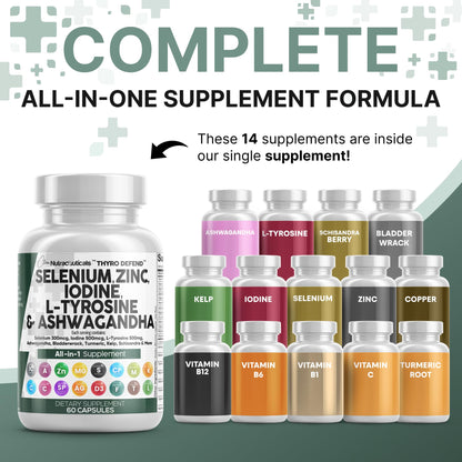 Clean Nutra Selenium 300mcg Iodine 500mcg Thyroid Support for Women & Men | L Tyrosine 500mg Ashwagandha Supplement Bladderwrack, Turmeric, Kelp, Schisandra Zinc Pills Capsule Supplements - Maple Wellness Supplements