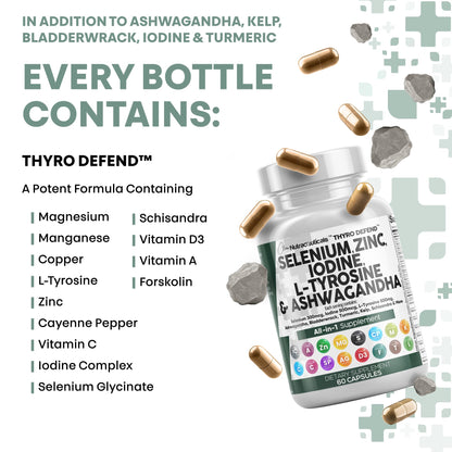 Clean Nutra Selenium 300mcg Iodine 500mcg Thyroid Support for Women & Men | L Tyrosine 500mg Ashwagandha Supplement Bladderwrack, Turmeric, Kelp, Schisandra Zinc Pills Capsule Supplements - Maple Wellness Supplements
