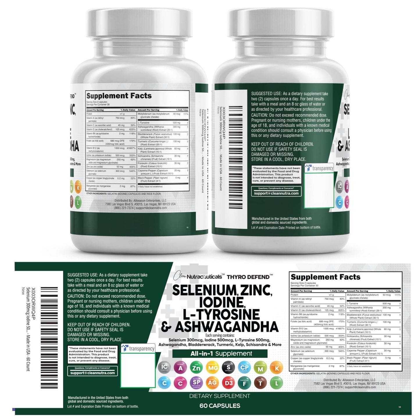 Clean Nutra Selenium 300mcg Iodine 500mcg Thyroid Support for Women & Men | L Tyrosine 500mg Ashwagandha Supplement Bladderwrack, Turmeric, Kelp, Schisandra Zinc Pills Capsule Supplements - Maple Wellness Supplements