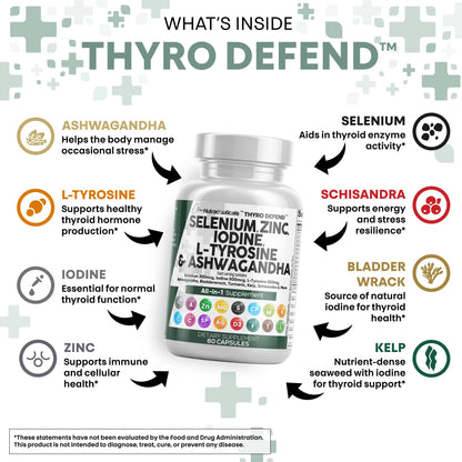 Clean Nutra Selenium 300mcg Iodine 500mcg Thyroid Support for Women & Men | L Tyrosine 500mg Ashwagandha Supplement Bladderwrack, Turmeric, Kelp, Schisandra Zinc Pills Capsule Supplements - Maple Wellness Supplements