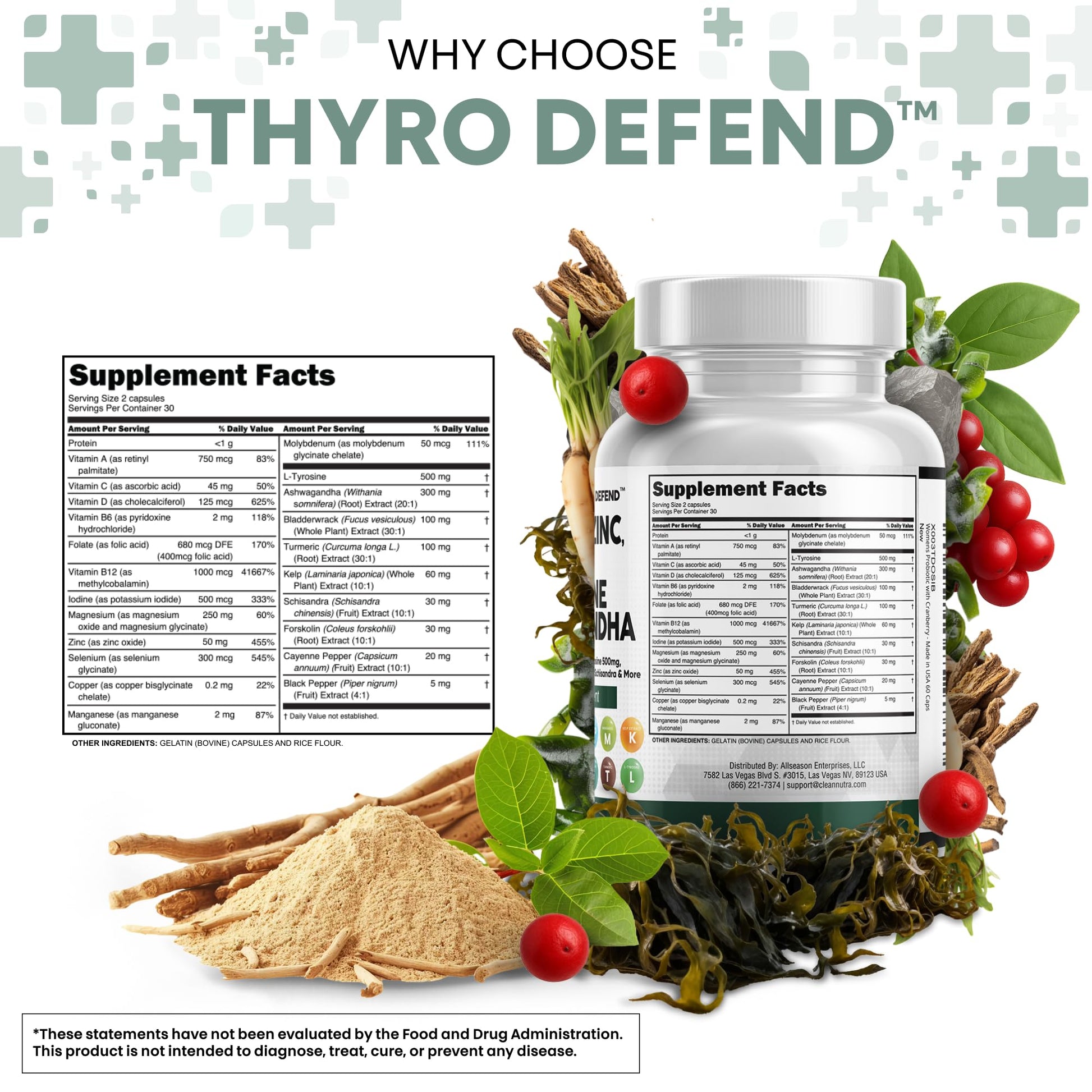 Clean Nutra Selenium 300mcg Iodine 500mcg Thyroid Support for Women & Men | L Tyrosine 500mg Ashwagandha Supplement Bladderwrack, Turmeric, Kelp, Schisandra Zinc Pills Capsule Supplements - Maple Wellness Supplements