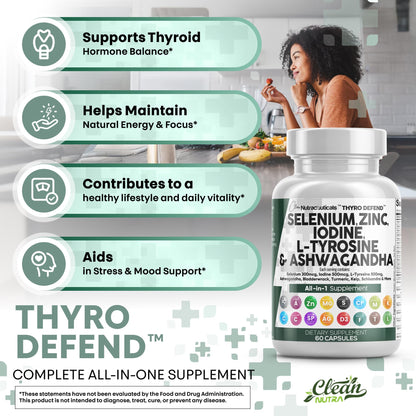 Clean Nutra Selenium 300mcg Iodine 500mcg Thyroid Support for Women & Men | L Tyrosine 500mg Ashwagandha Supplement Bladderwrack, Turmeric, Kelp, Schisandra Zinc Pills Capsule Supplements - Maple Wellness Supplements