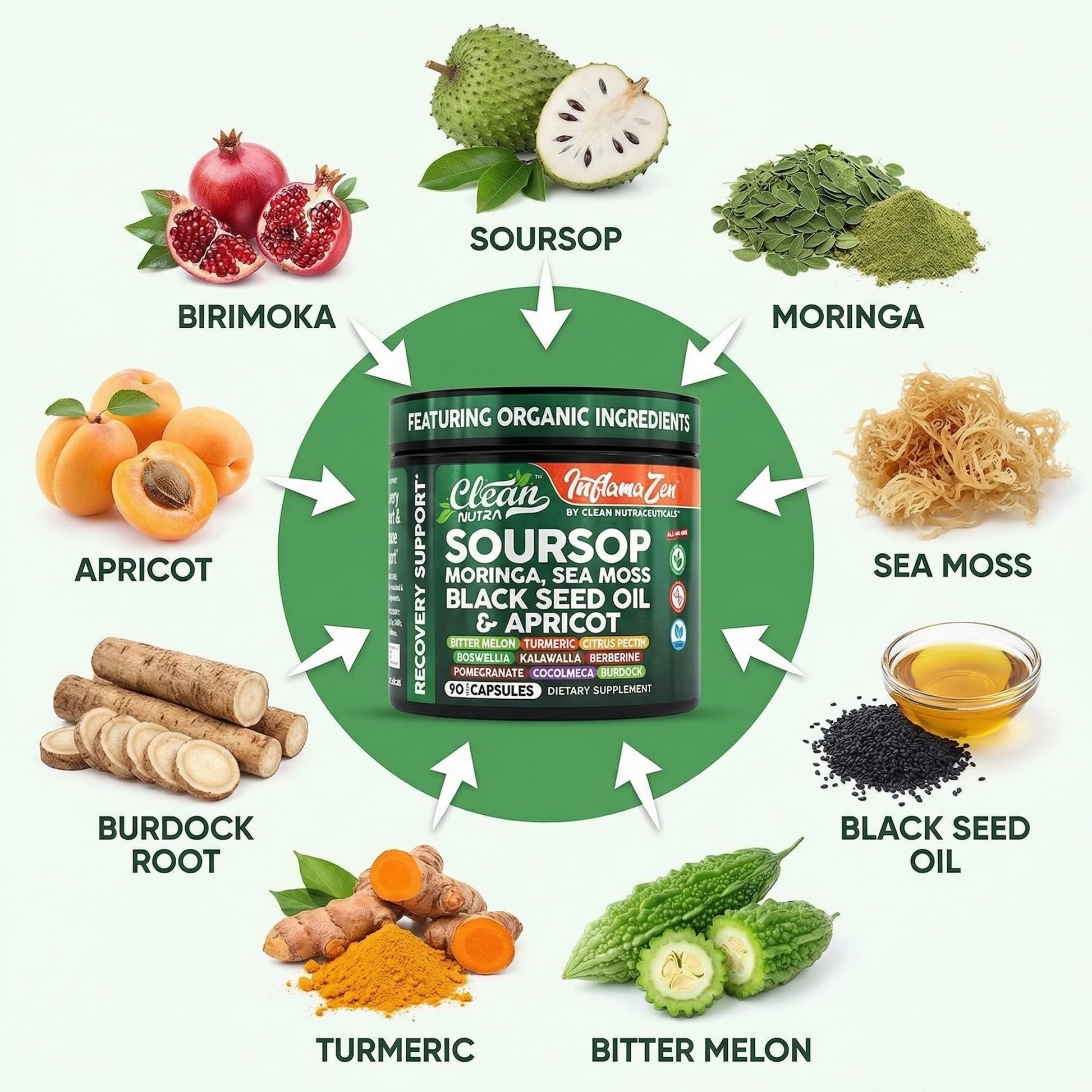 Clean Nutra Soursop Supplement Moringa Sea Moss Black Seed Oil Berberine Turmeric Resveratrol Quercetin Greens Bitters Boswellia Bitter - Maple Wellness Supplements