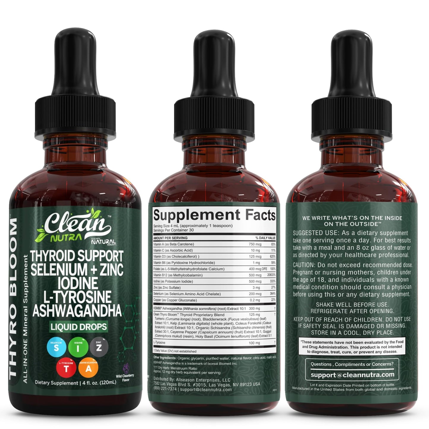 Clean Nutra Thyroid Support Drops Selenium Zinc Iodine L Tyrosine KSM66 Ashwagandha Vitamin D3 B12 A C Turmeric Kelp Schisandra Guggul Cayenne Basil Liquid Supplement Folate Copper Thyro Bloom Drop - Maple Wellness Supplements