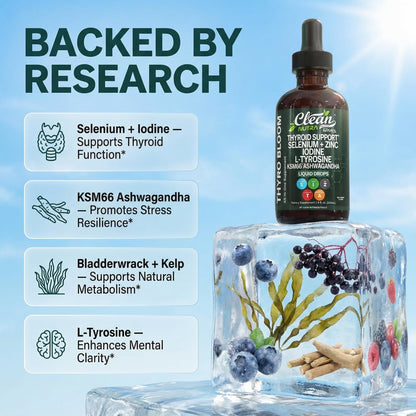 Clean Nutra Thyroid Support Drops Selenium Zinc Iodine L Tyrosine KSM66 Ashwagandha Vitamin D3 B12 A C Turmeric Kelp Schisandra Guggul Cayenne Basil Liquid Supplement Folate Copper Thyro Bloom Drop - Maple Wellness Supplements
