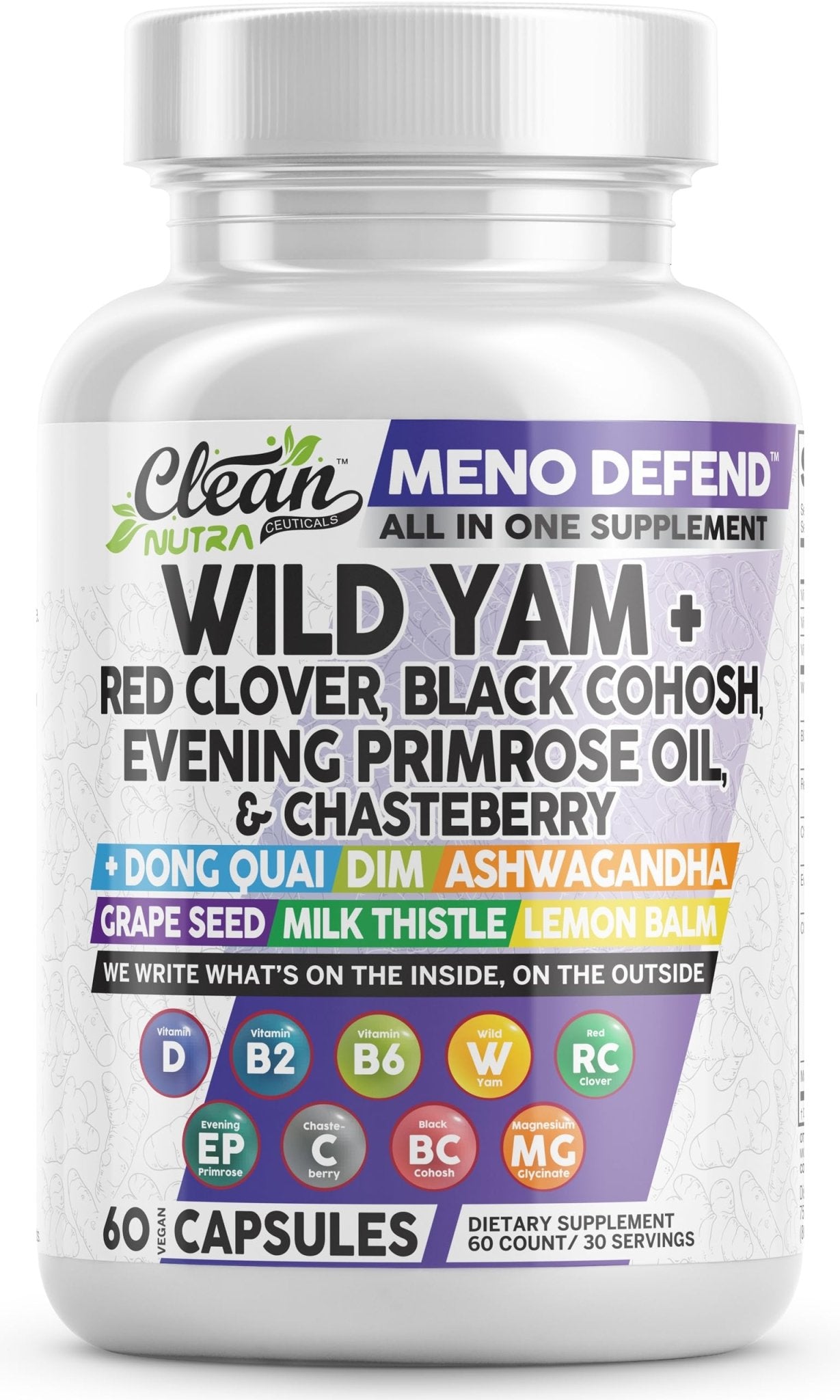 Clean Nutra Wild Yam Root Capsules with Red Clover Black Cohosh Evening Primrose Oil Chasteberry Dong Quai DIM Ashwagandha Grape Seed Extract Milk Thistle Lemon Balm - Maple Wellness Supplements