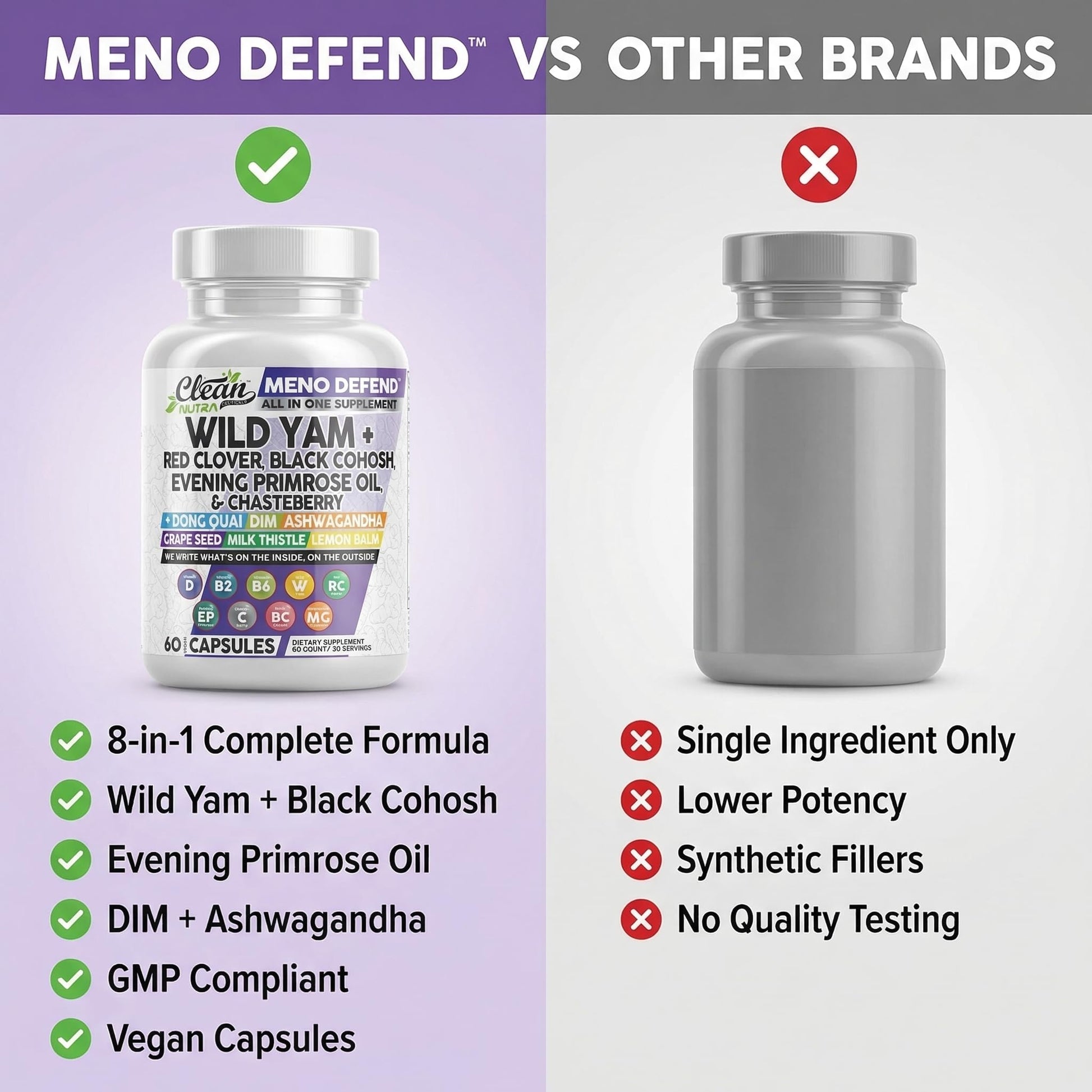 Clean Nutra Wild Yam Root Capsules with Red Clover Black Cohosh Evening Primrose Oil Chasteberry Dong Quai DIM Ashwagandha Grape Seed Extract Milk Thistle Lemon Balm - Maple Wellness Supplements