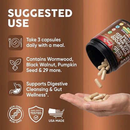 Clean Nutra Wormwood Black Walnut Pumpkin Seed Clove Oil Celery Garlic Grape Papaya Neem Diatomaceous Earth Womens Probiotic Gut Health Cleanse Detox Oregano - Maple Wellness Supplements