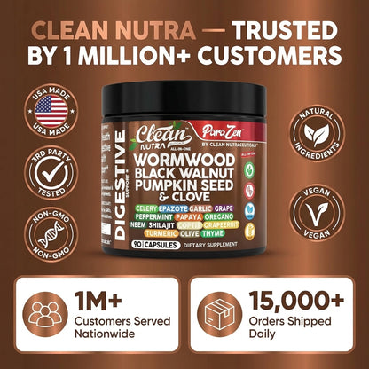 Clean Nutra Wormwood Black Walnut Pumpkin Seed Clove Oil Celery Garlic Grape Papaya Neem Diatomaceous Earth Womens Probiotic Gut Health Cleanse Detox Oregano - Maple Wellness Supplements