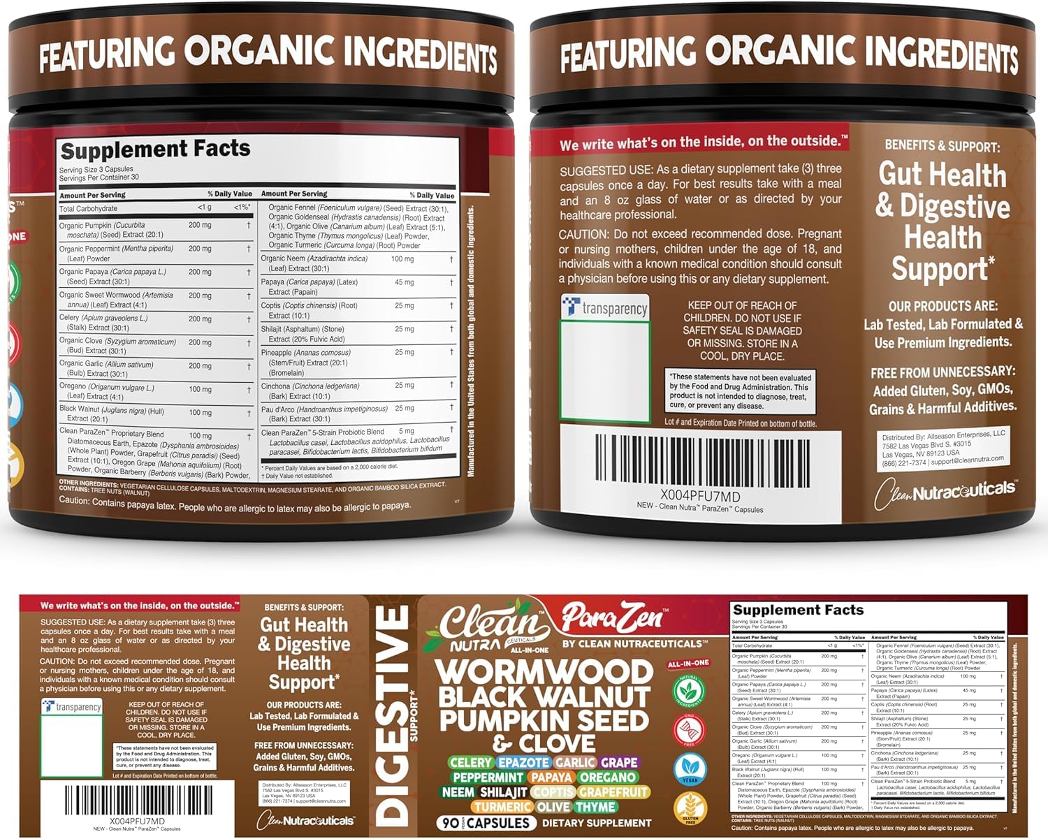 Clean Nutra Wormwood Black Walnut Pumpkin Seed Clove Oil Celery Garlic Grape Papaya Neem Diatomaceous Earth Womens Probiotic Gut Health Cleanse Detox Oregano - Maple Wellness Supplements