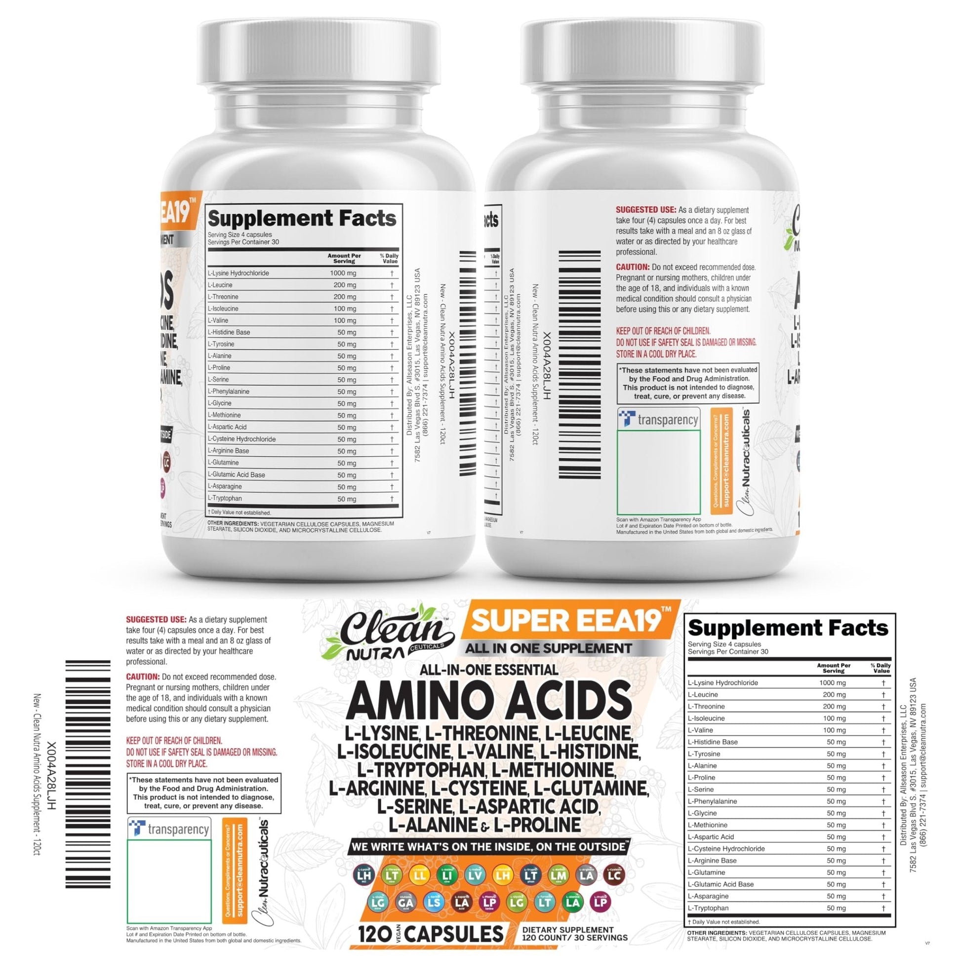 Clean Nutraceuticals Amino Acids Supplement L-Lysine, L-Threonine, L-Leucine, Isoleucine, Valine, L-Histidine, L-Tryptophan, L-Methionine, L-Arginine, L-Cysteine, - Maple Wellness Supplements