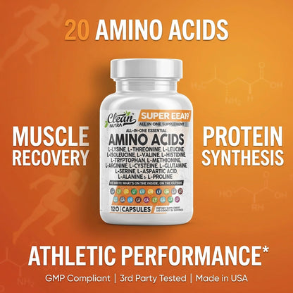 Clean Nutraceuticals Amino Acids Supplement L-Lysine, L-Threonine, L-Leucine, Isoleucine, Valine, L-Histidine, L-Tryptophan, L-Methionine, L-Arginine, L-Cysteine, - Maple Wellness Supplements