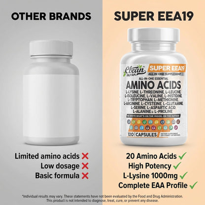 Clean Nutraceuticals Amino Acids Supplement L-Lysine, L-Threonine, L-Leucine, Isoleucine, Valine, L-Histidine, L-Tryptophan, L-Methionine, L-Arginine, L-Cysteine, - Maple Wellness Supplements