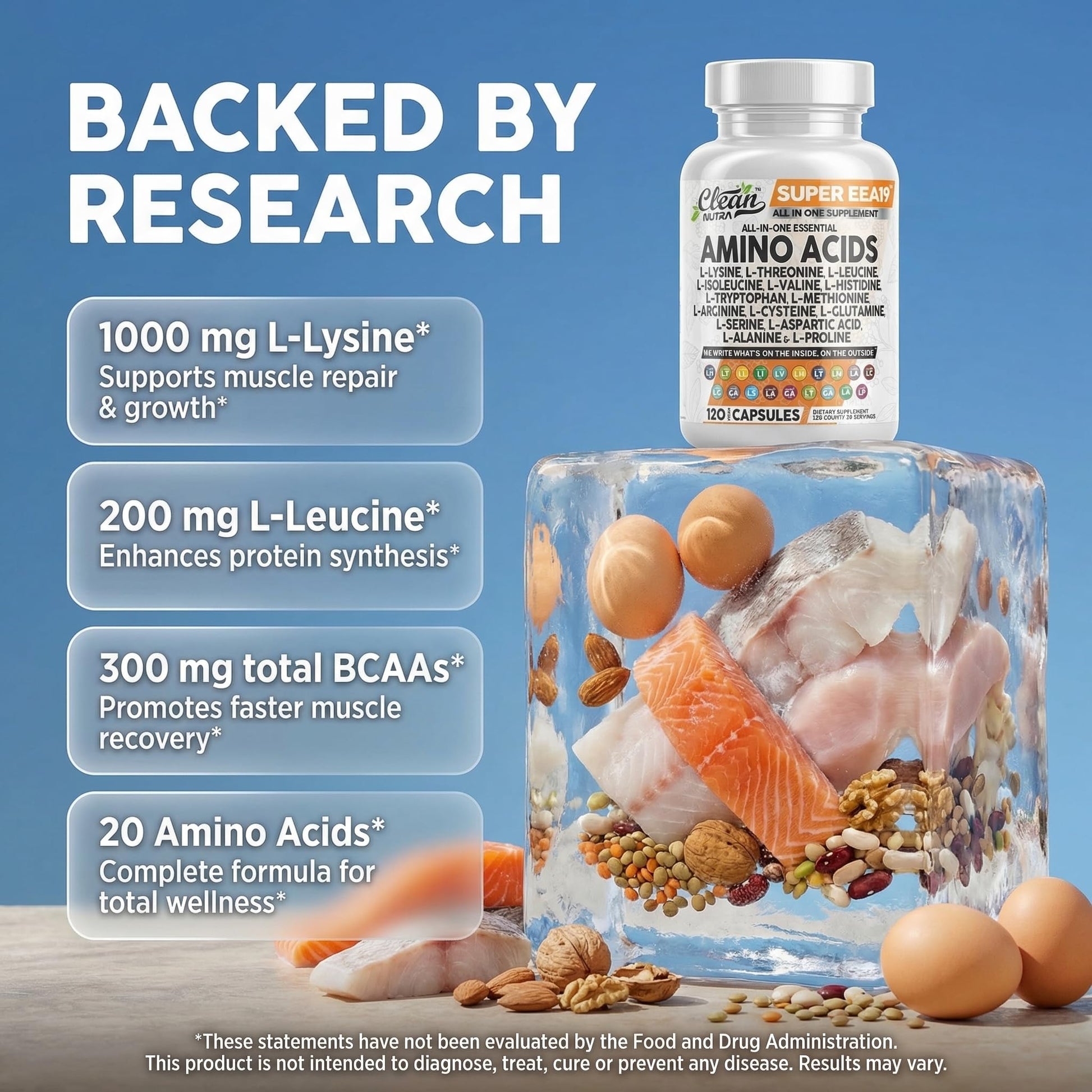 Clean Nutraceuticals Amino Acids Supplement L-Lysine, L-Threonine, L-Leucine, Isoleucine, Valine, L-Histidine, L-Tryptophan, L-Methionine, L-Arginine, L-Cysteine, - Maple Wellness Supplements