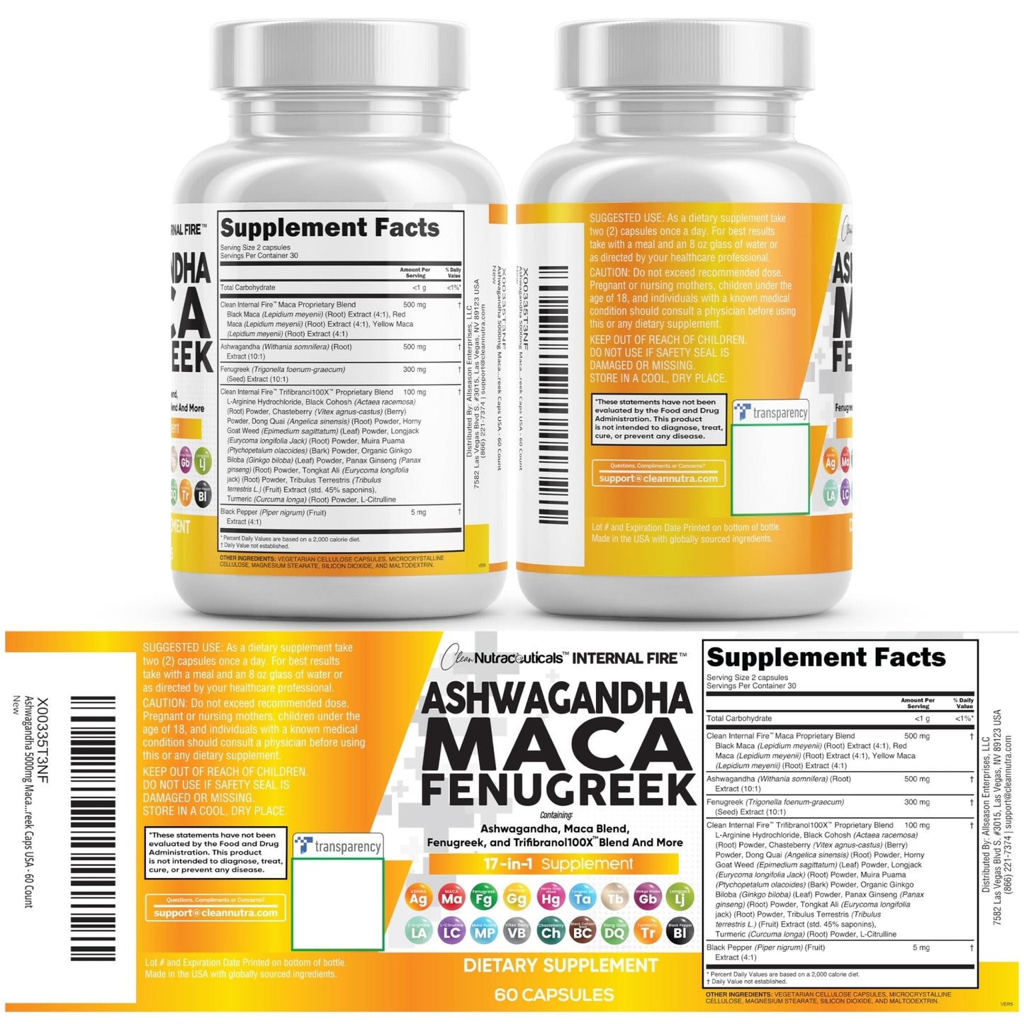 Clean Nutraceuticals Ashwagandha Maca Root Fenugreek Supplement with Tongkat Ali Ginseng - Assists with Stress, Mood & Thyroid - Ashwagandha Capsules Fenugreek Caps - 1 Pack - Maple Wellness Supplements