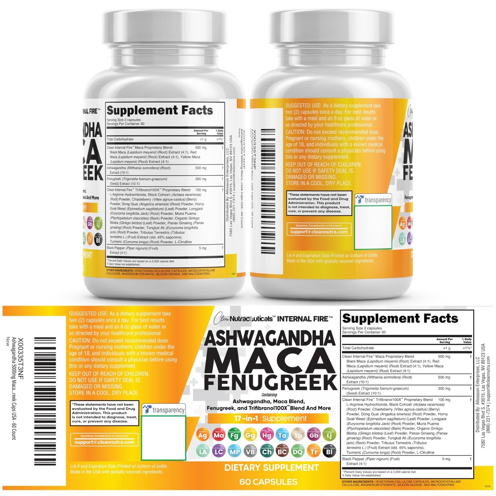 Clean Nutraceuticals Ashwagandha Maca Root Fenugreek Supplement with Tongkat Ali Ginseng - Assists with Stress, Mood & Thyroid - Ashwagandha Capsules Fenugreek Caps - 1 Pack - Maple Wellness Supplements