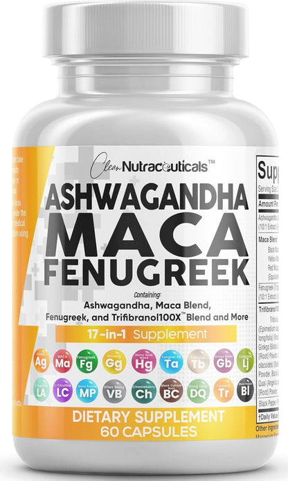 Clean Nutraceuticals Ashwagandha Maca Root Fenugreek Supplement with Tongkat Ali Ginseng - Assists with Stress, Mood & Thyroid - Ashwagandha Capsules Fenugreek Caps - 1 Pack - Maple Wellness Supplements