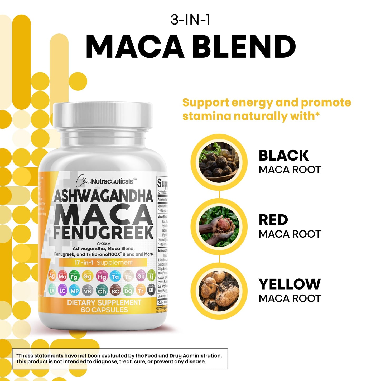 Clean Nutraceuticals Ashwagandha Maca Root Fenugreek Supplement with Tongkat Ali Ginseng - Assists with Stress, Mood & Thyroid - Ashwagandha Capsules Fenugreek Caps - 1 Pack - Maple Wellness Supplements
