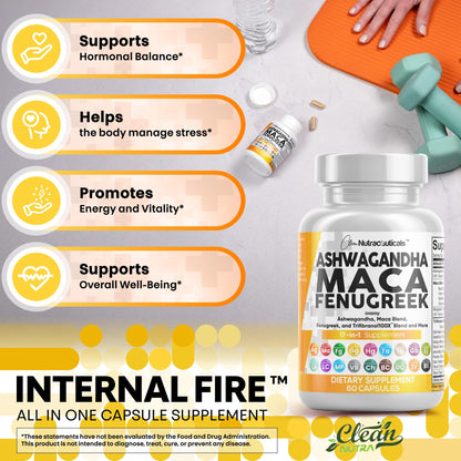 Clean Nutraceuticals Ashwagandha Maca Root Fenugreek Supplement with Tongkat Ali Ginseng - Assists with Stress, Mood & Thyroid - Ashwagandha Capsules Fenugreek Caps - 1 Pack - Maple Wellness Supplements