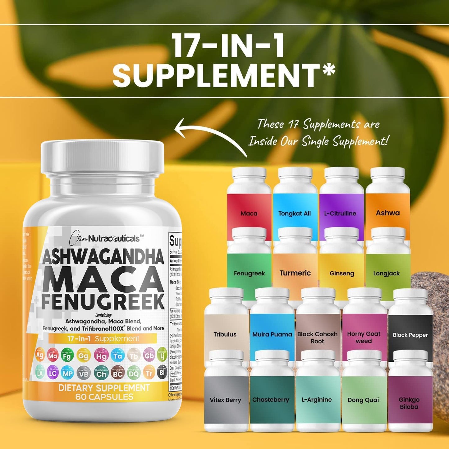 Clean Nutraceuticals Ashwagandha Maca Root Fenugreek Supplement with Tongkat Ali Ginseng - Assists with Stress, Mood & Thyroid - Ashwagandha Capsules Fenugreek Caps - 1 Pack - Maple Wellness Supplements