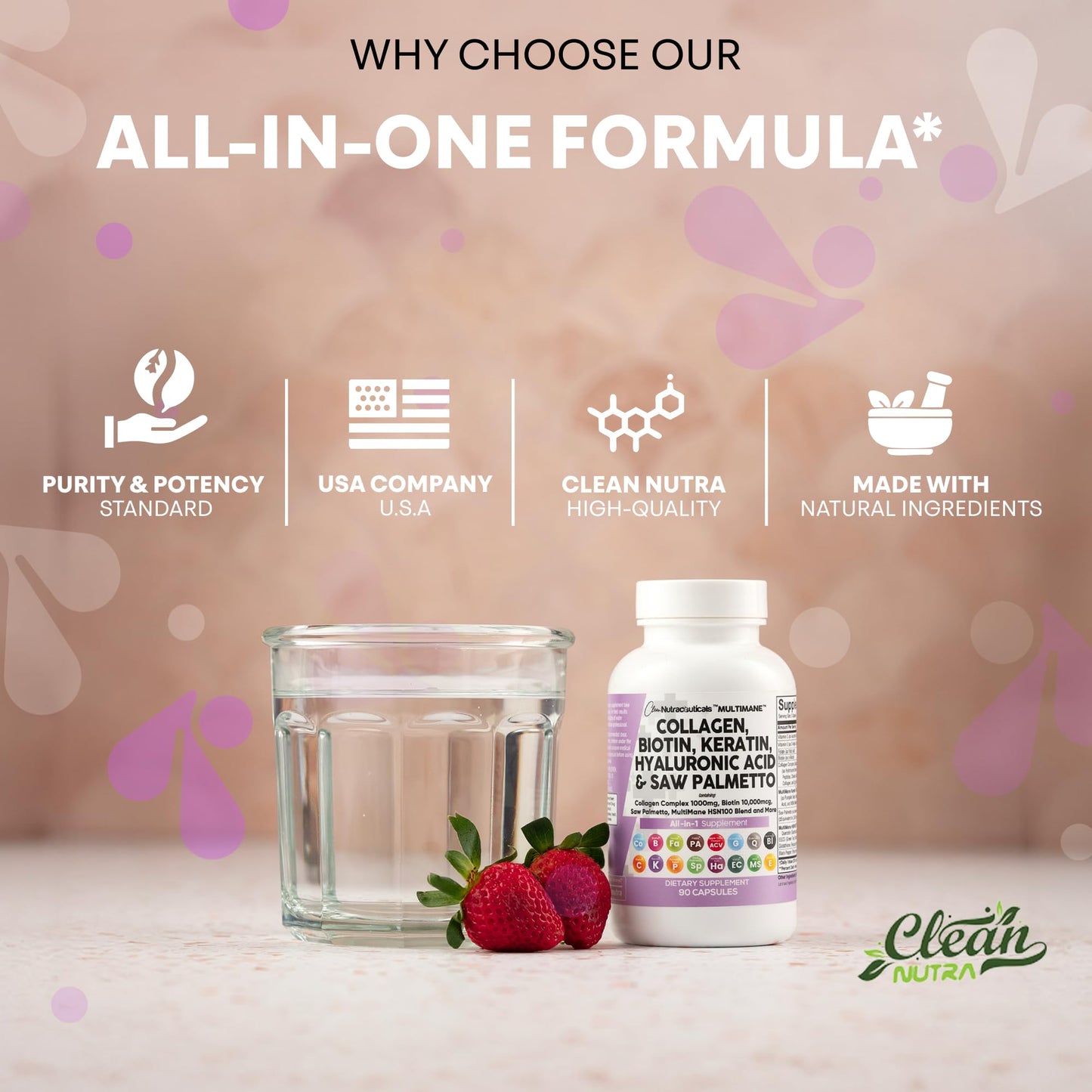Clean Nutraceuticals Collagen Pills 1000mg Biotin 10000mcg Keratin Saw Palmetto Hyaluronic Acid - Hair Skin & Nails Vitamins & DHT Blocker with Vitamin E Folic Acid - Maple Wellness Supplements