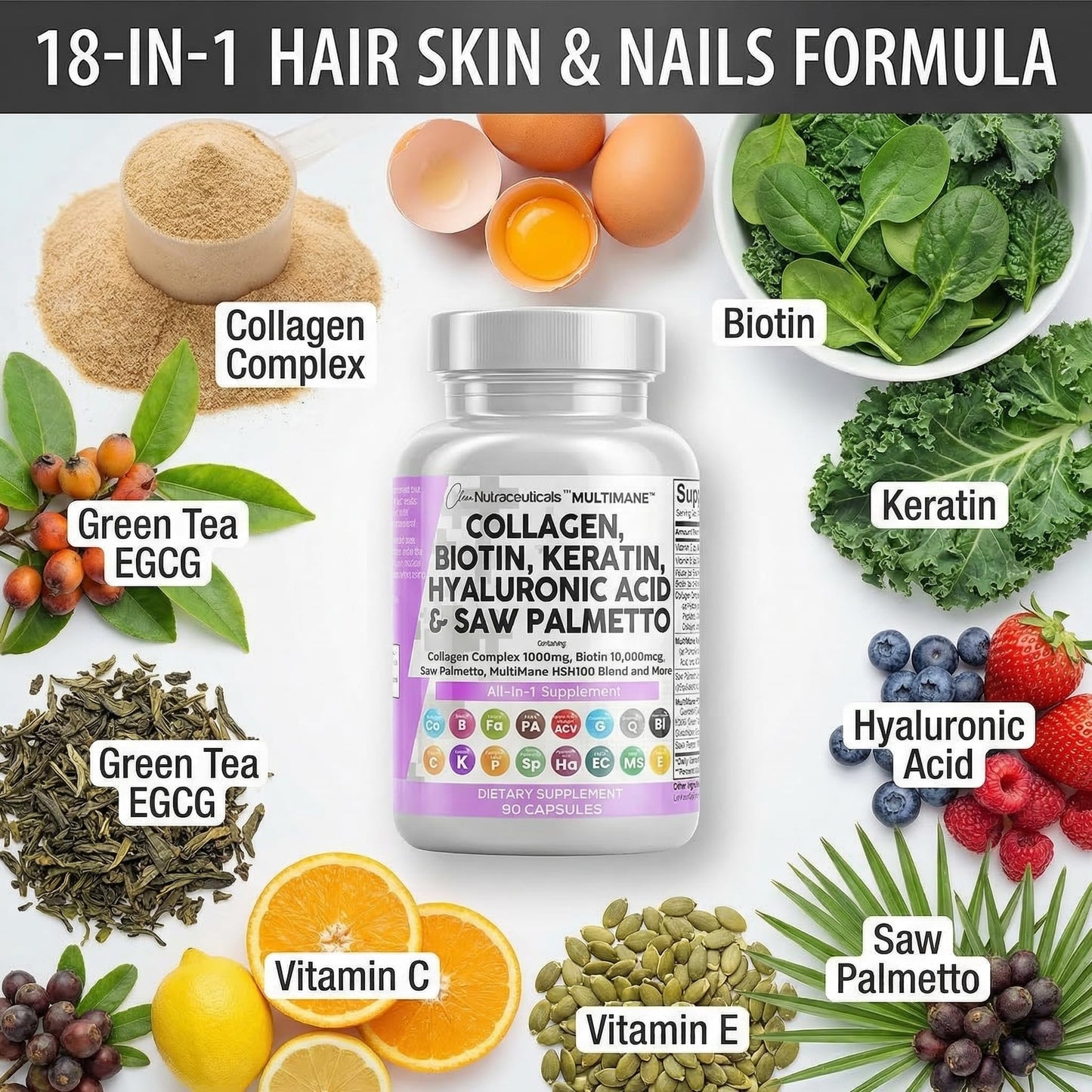Clean Nutraceuticals Collagen Pills 1000mg Biotin 10000mcg Keratin Saw Palmetto Hyaluronic Acid - Hair Skin & Nails Vitamins & DHT Blocker with Vitamin E Folic Acid - Maple Wellness Supplements