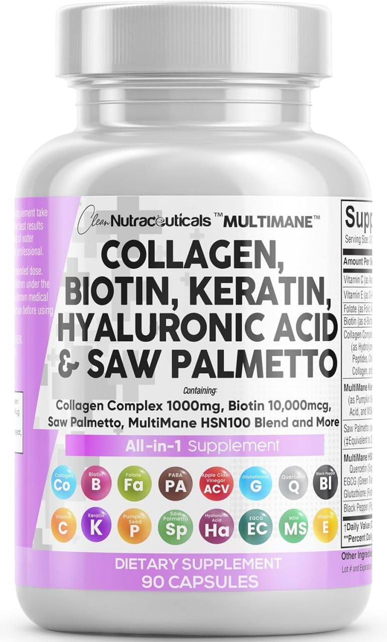 Clean Nutraceuticals Collagen Pills 1000mg Biotin 10000mcg Keratin Saw Palmetto Hyaluronic Acid - Hair Skin & Nails Vitamins & DHT Blocker with Vitamin E Folic Acid - Maple Wellness Supplements